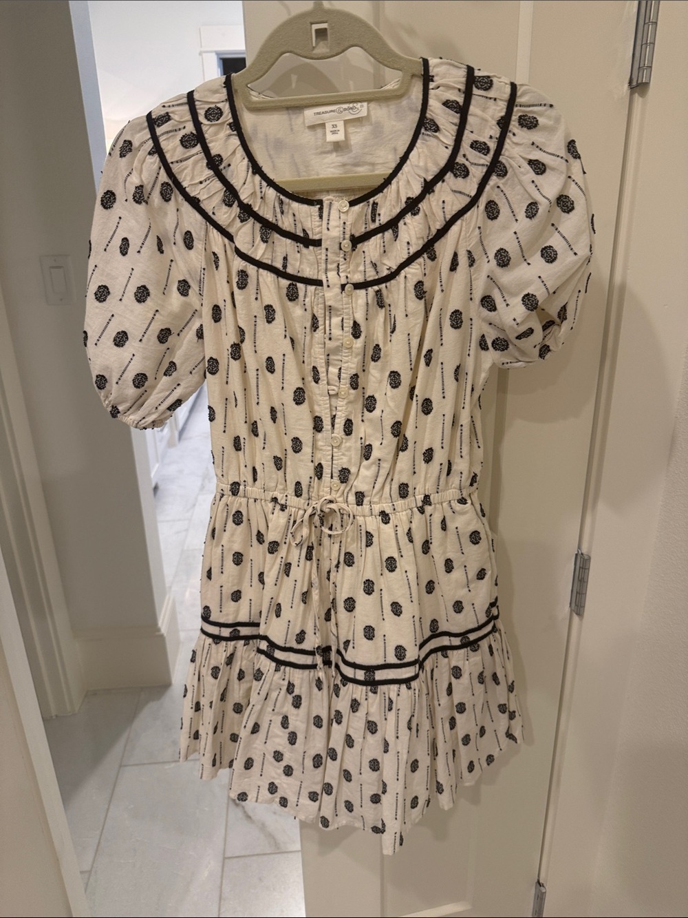 Women’s White and Black Polka Dot Cotton Dress with Ruffle Trim